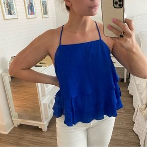 Royal blue ruffled cross back tank